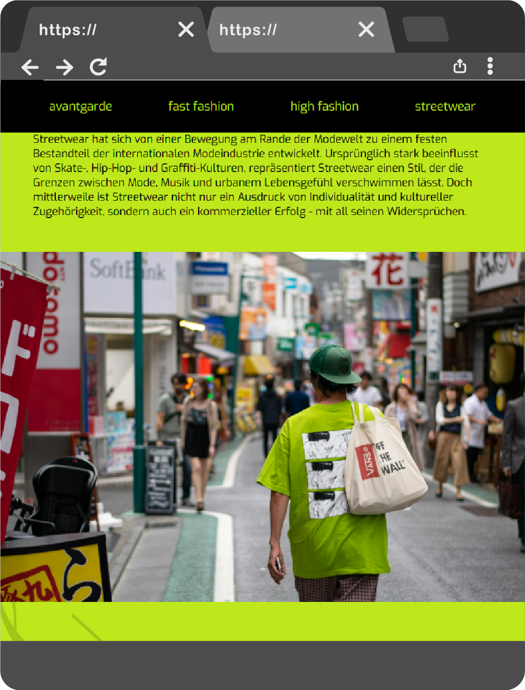 Tablet view of a webpage section about streetwear fashion. The image shows a person in a bright green shirt with a tote bag walking through a vibrant street in Japan. The text explains how streetwear evolved from subcultures into a global fashion movement.